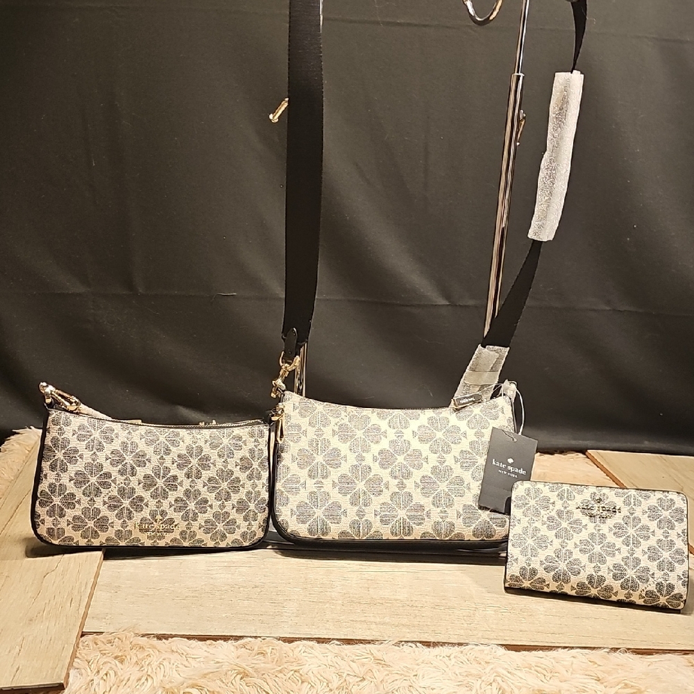 kate spade 3 Pc Set Cream and Gray Floral Crossbody Set with Wallet
